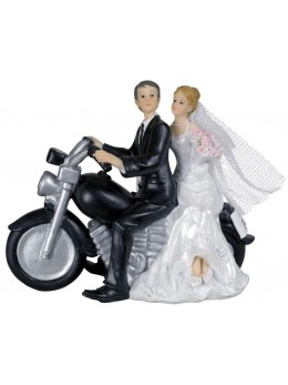 Figurine couple mariés résine sur moto noire