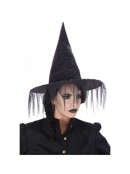 Chapeau de sorcière noir avec toiles d'araignées violette/noir
