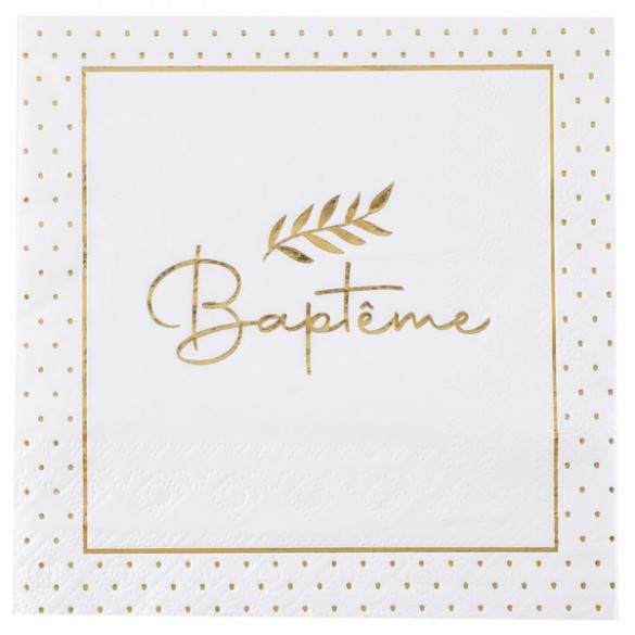 20 serviettes baptême blanche et or